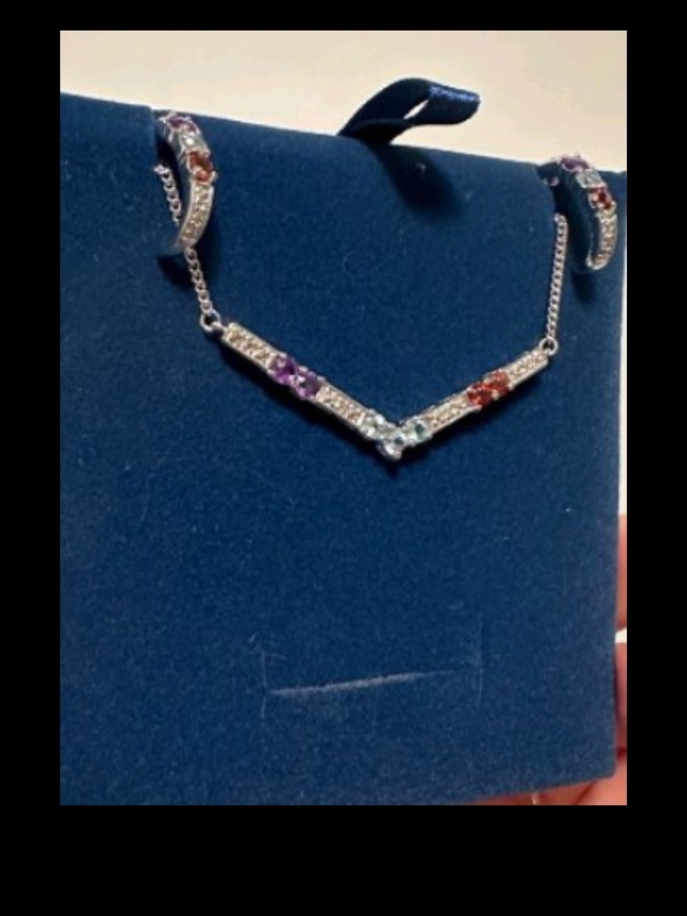 JTV Silver V-Style Necklace and Hoop Earrings with Purple, Red and Clear Stones